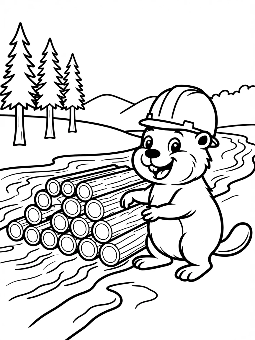A happy beaver with a hard hat, building a dam in Minnesota.