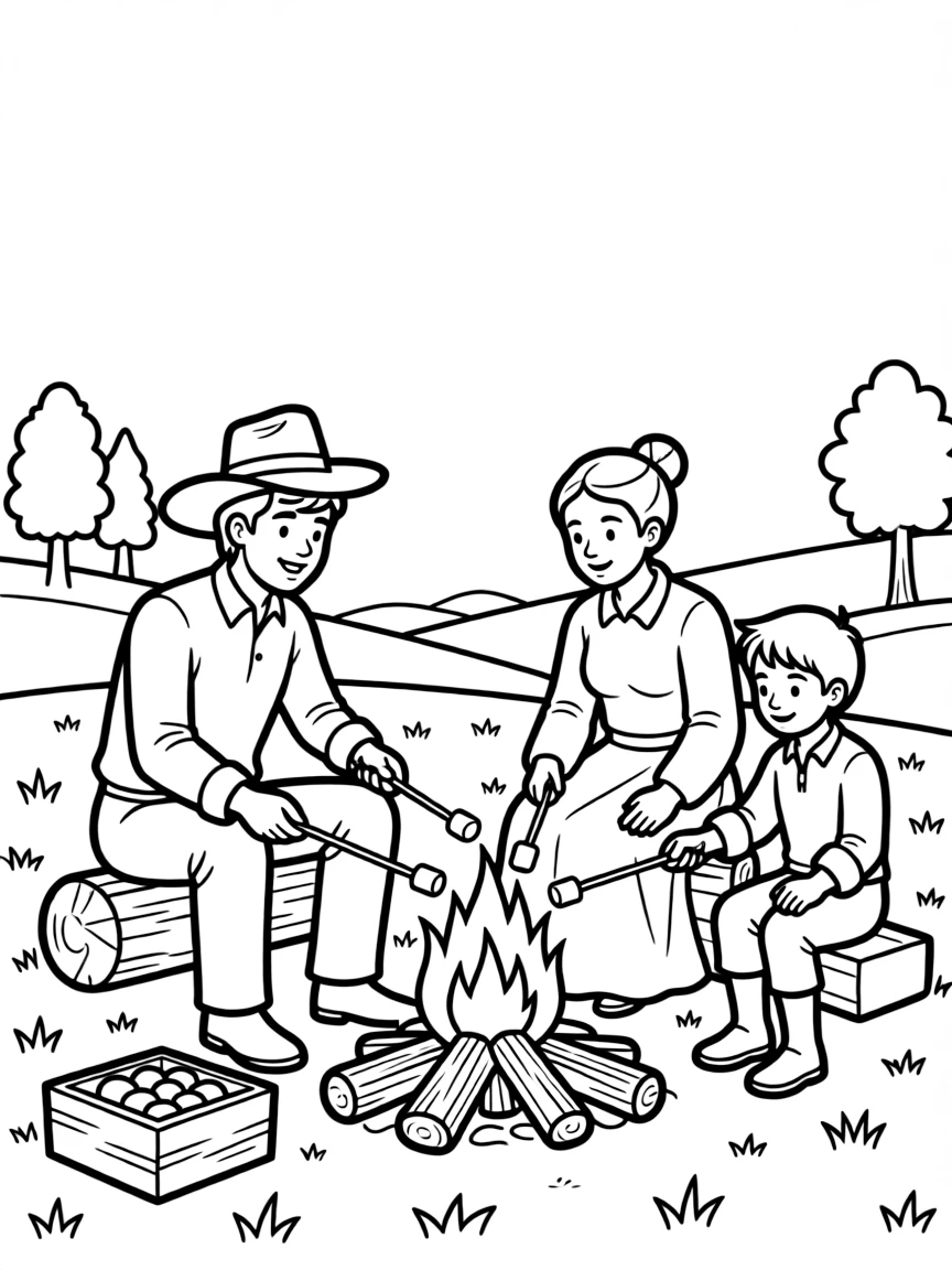 A brave pioneer family roasting marshmallows over a campfire in Nebraska.
