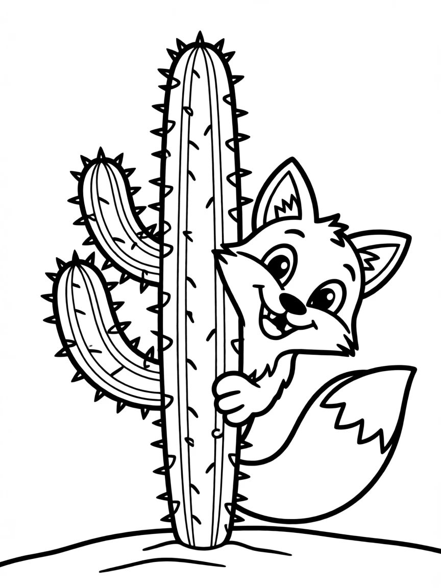 A smiling desert fox peeking out from behind a cactus in Arizona.