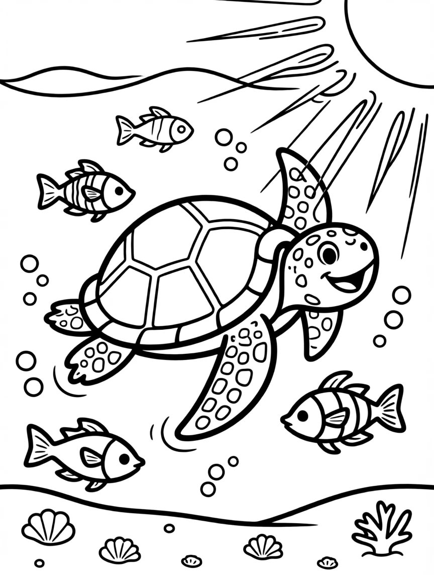 A joyful sea turtle swimming in the ocean with fish in Florida.