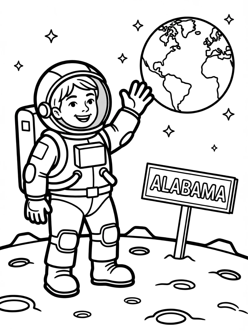 A brave astronaut waving from the moon with the Earth in the background in Alabama.