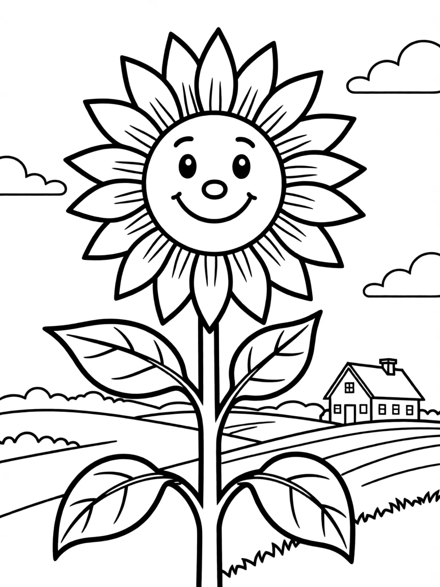A cheerful sunflower with a bright yellow face and green leaves in Kansas.