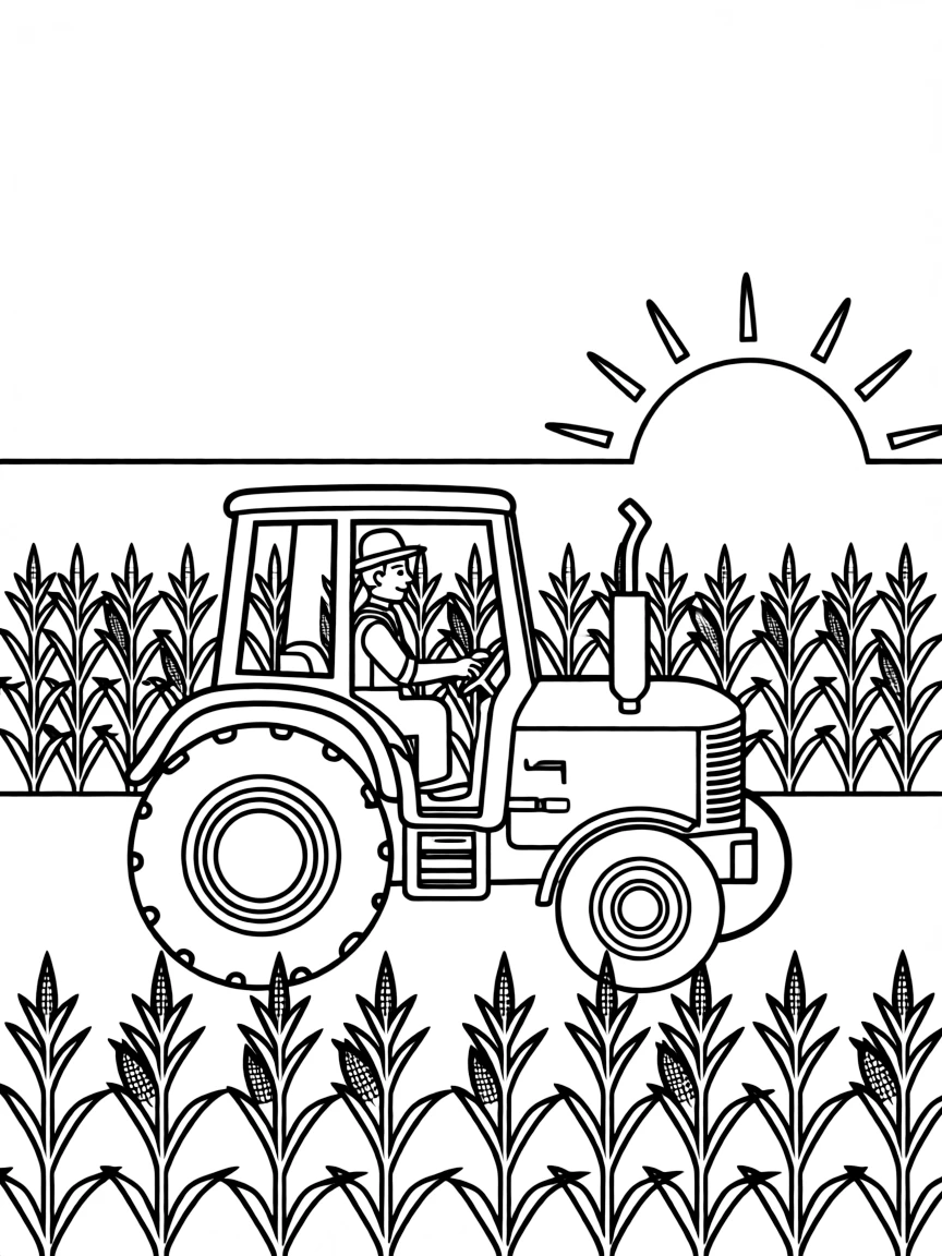A busy farmer driving a tractor in a cornfield at sunset in Iowa.