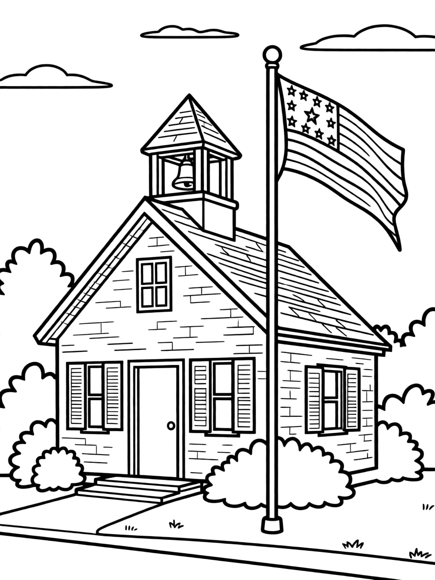 A little historical building with a bell and a flag in Massachusetts.