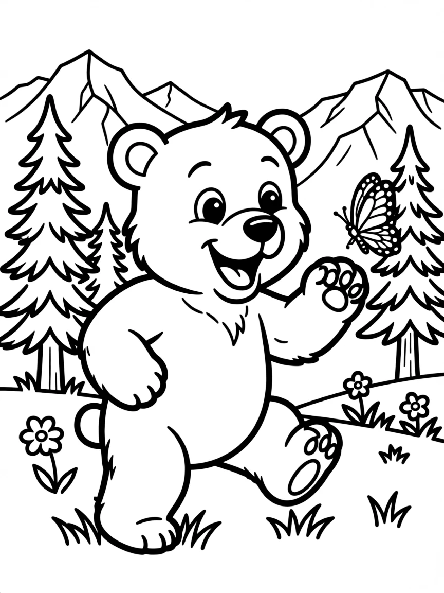 A happy grizzly bear cub playing with a butterfly in Montana.