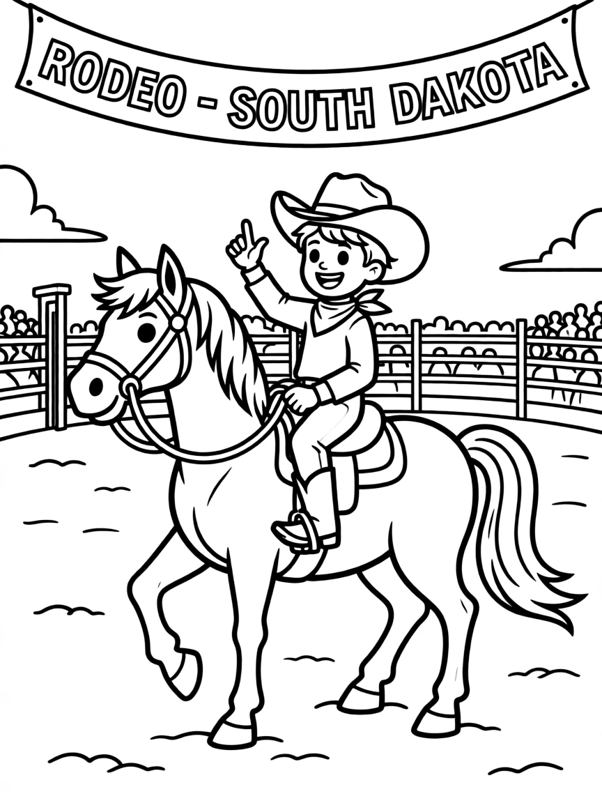 A tiny cowboy riding a horse in a rodeo, cheering in South Dakota.