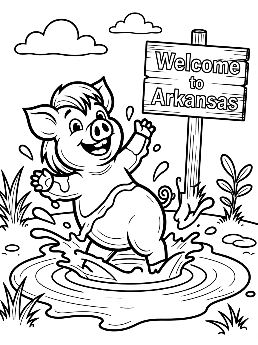 A happy pig in a mud puddle, splashing happily in Arkansas.