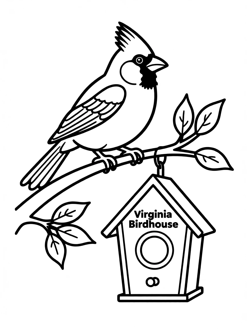 A cute cardinal perched on a branch looking at a birdhouse in Virginia.