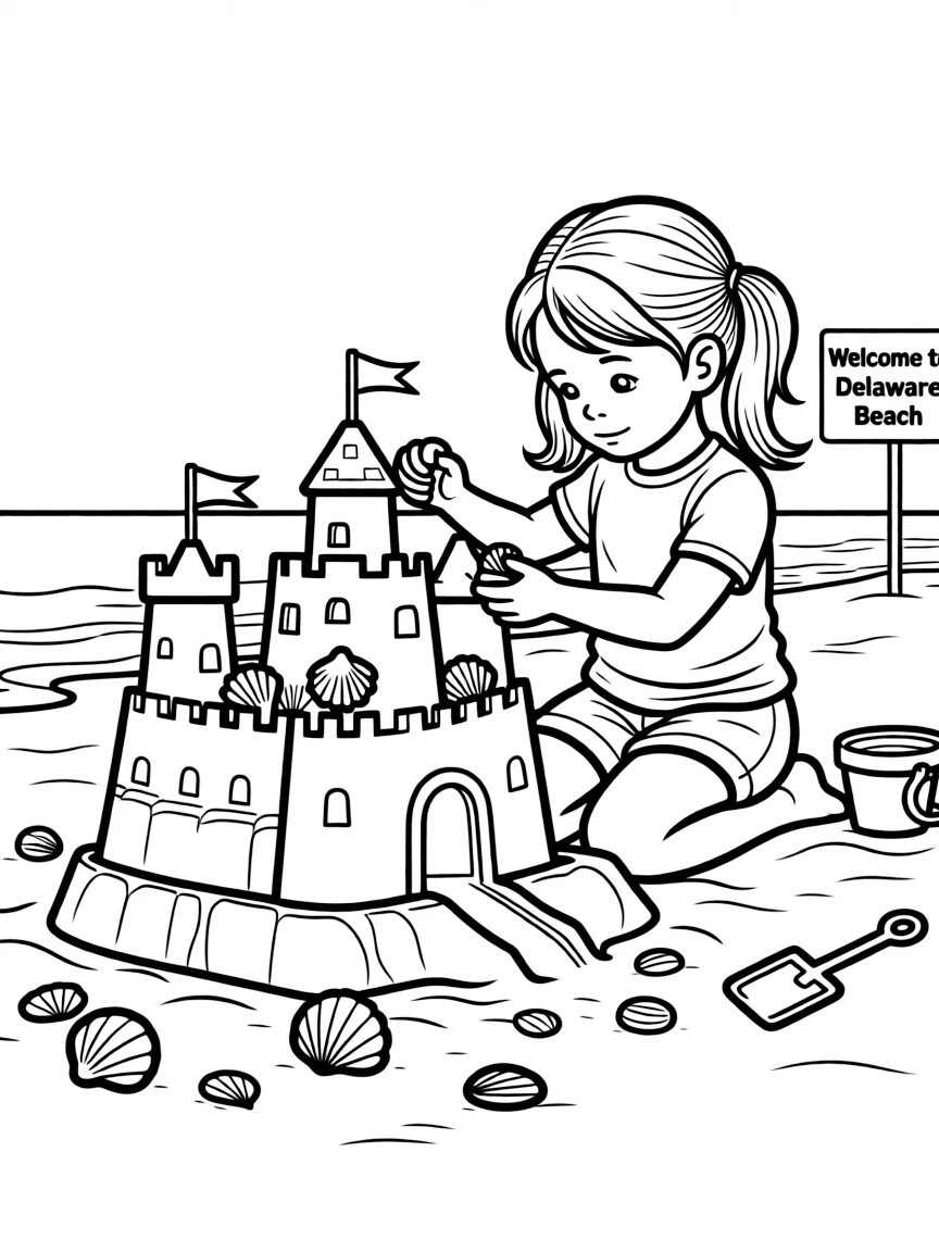 A little girl building a sandcastle with shells and flags in Delaware.