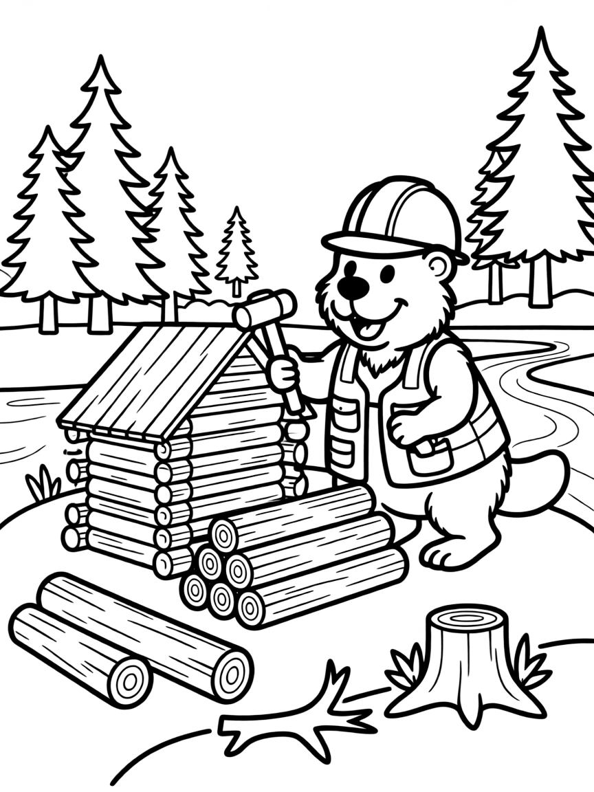 A happy beaver with a hard hat, building a lodge in Minnesota.