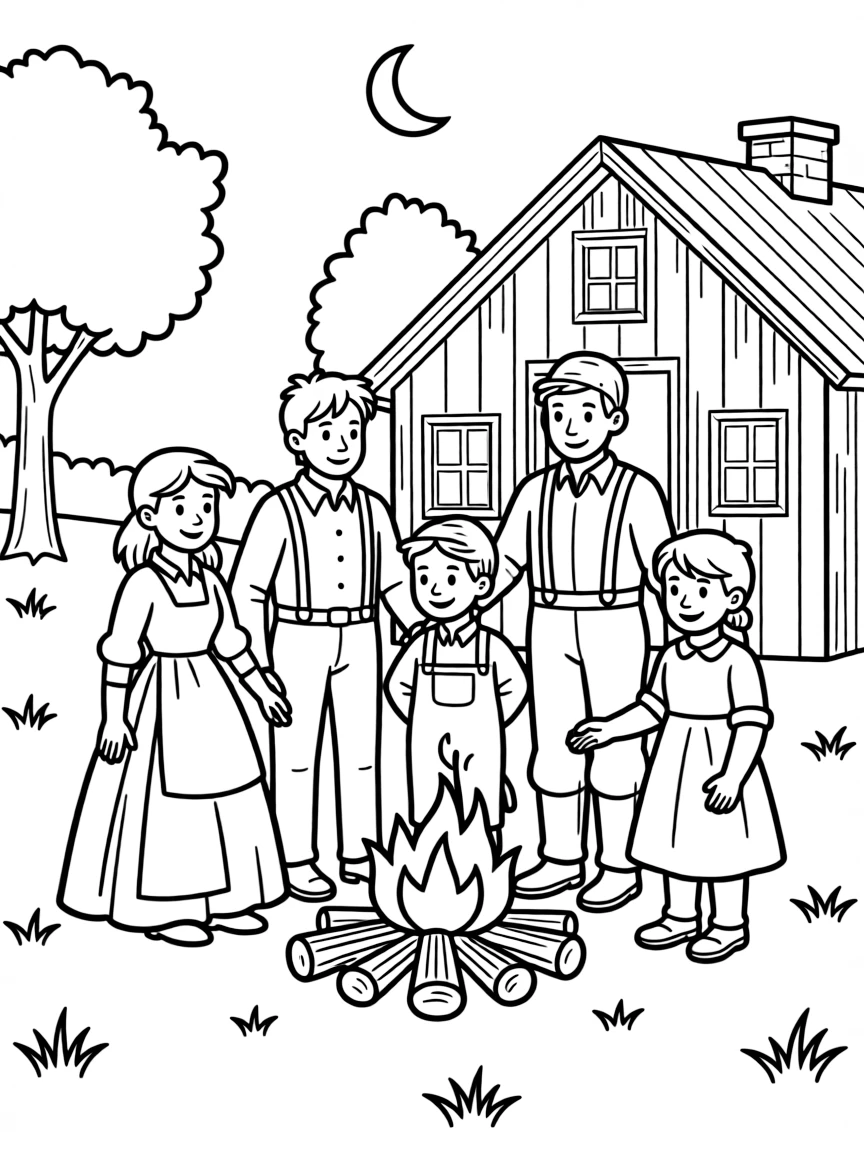 A brave pioneer family gathered around a warm fire in Nebraska.