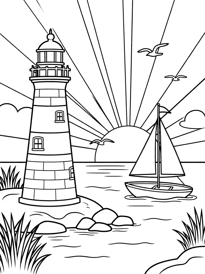 A cute little lighthouse with a boat sailing at sunrise in Rhode Island.