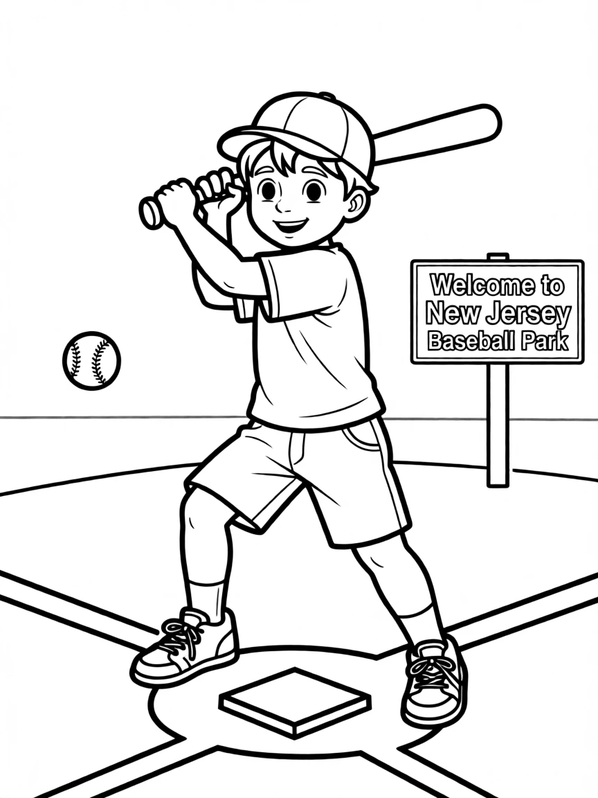 A cheerful little boy playing baseball with a bat and ball in New Jersey.