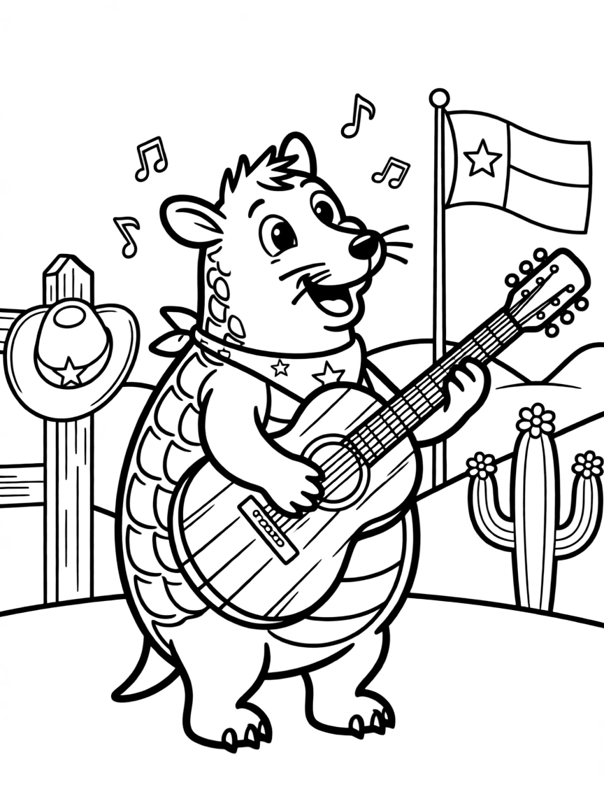 A friendly armadillo with a guitar, singing in Texas.