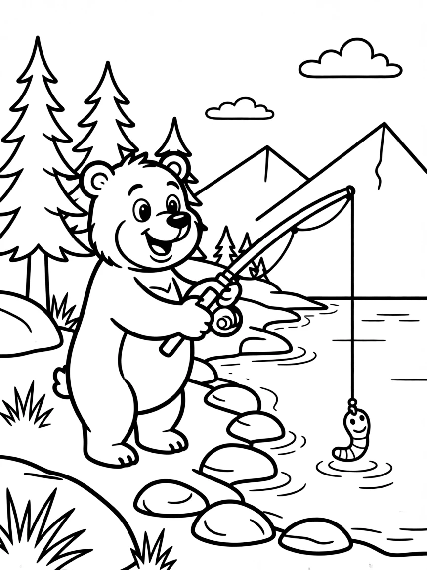 A happy bear fishing with a pole and a worm in Alaska.