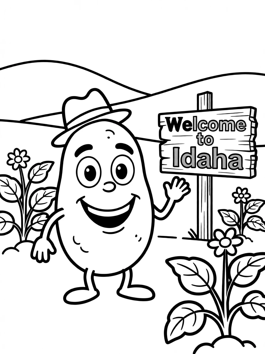 A happy potato with a friendly face, wearing a tiny hat in Idaho.