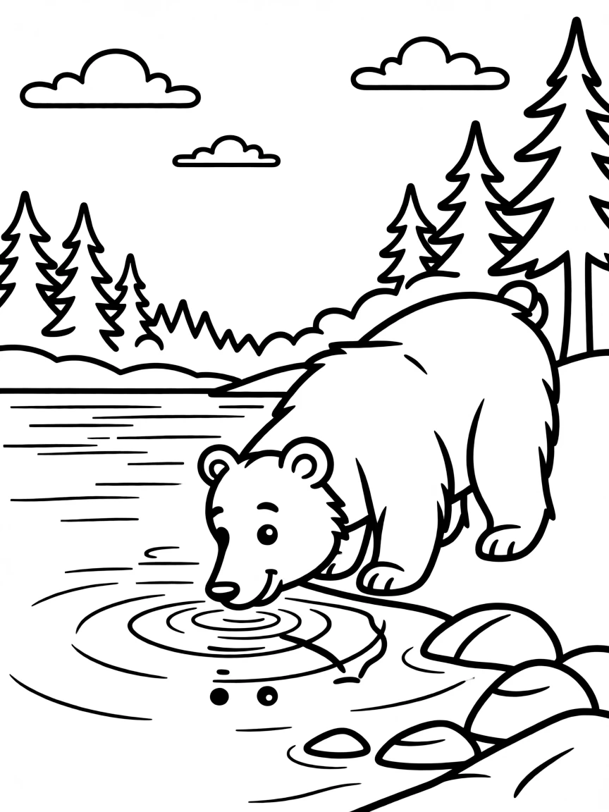 A curious bear drinking water from a clear lake in Oregon.