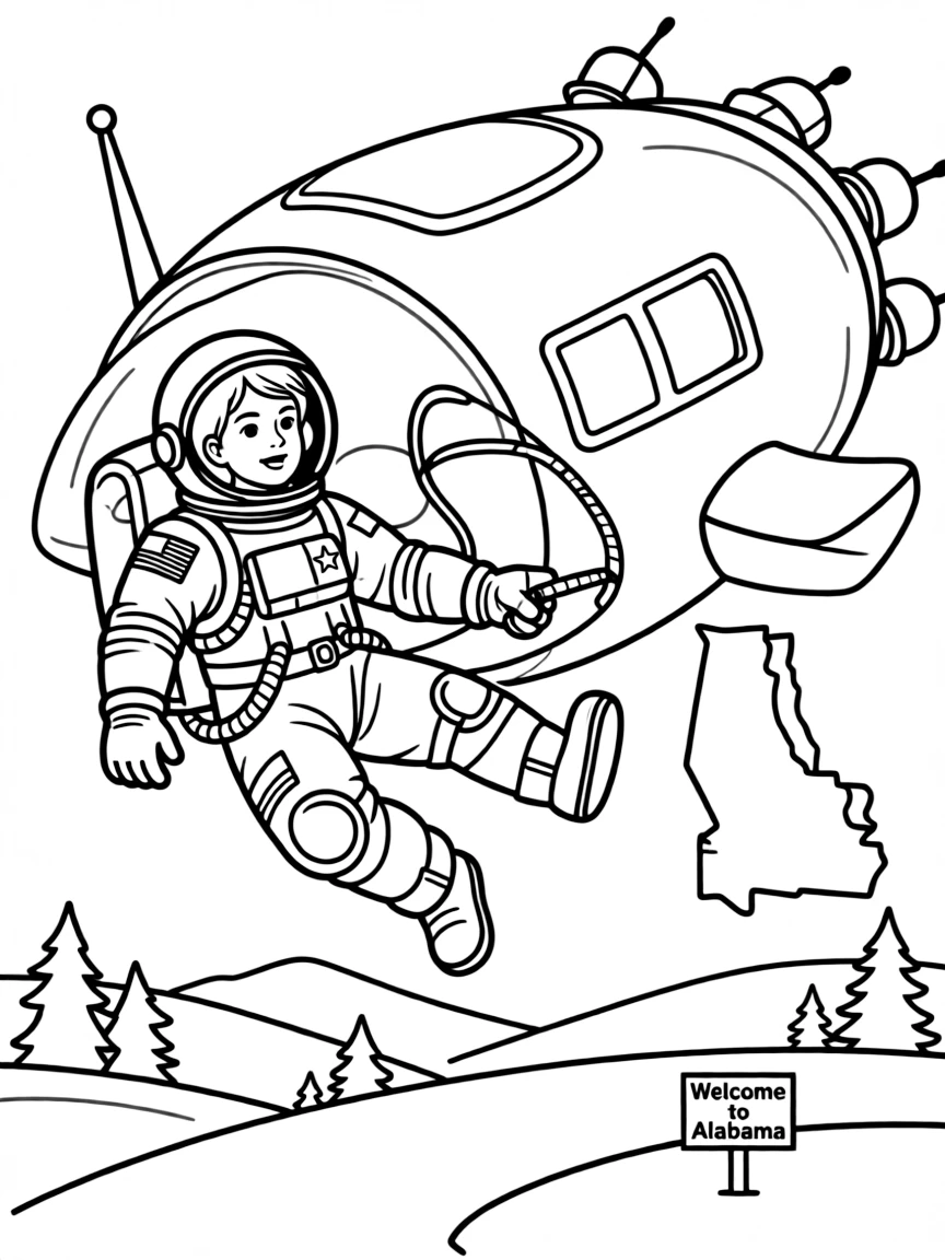 A brave astronaut floating outside a spaceship in Alabama.