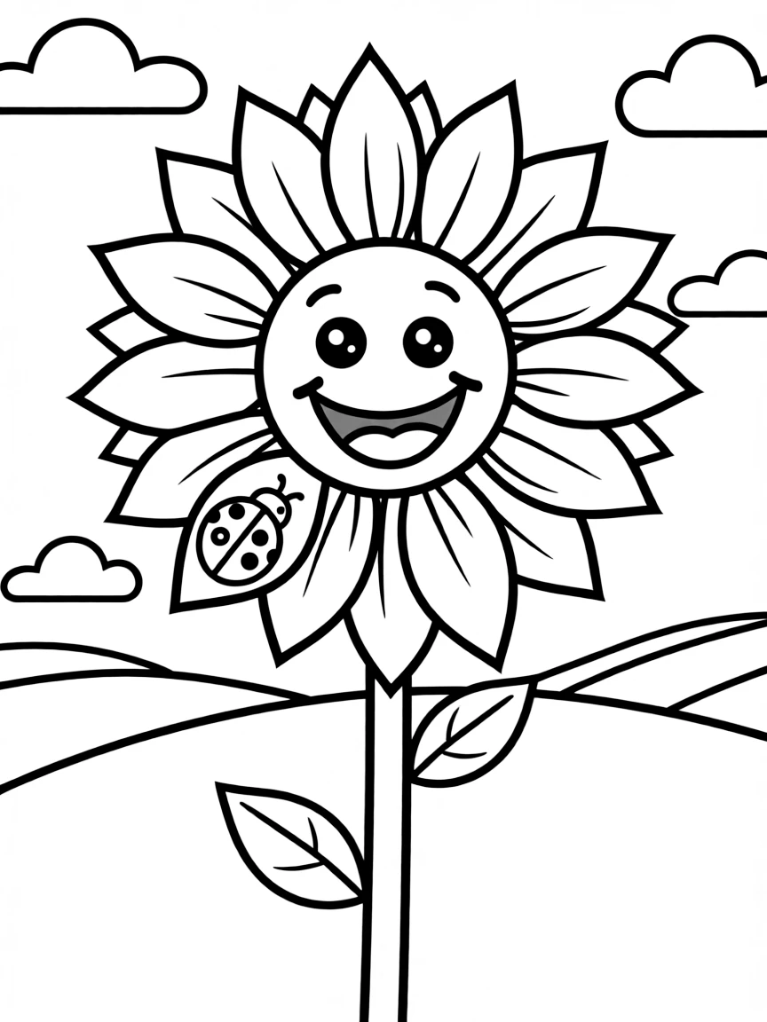 A cheerful sunflower with a ladybug on its petal and a smile in Kansas.