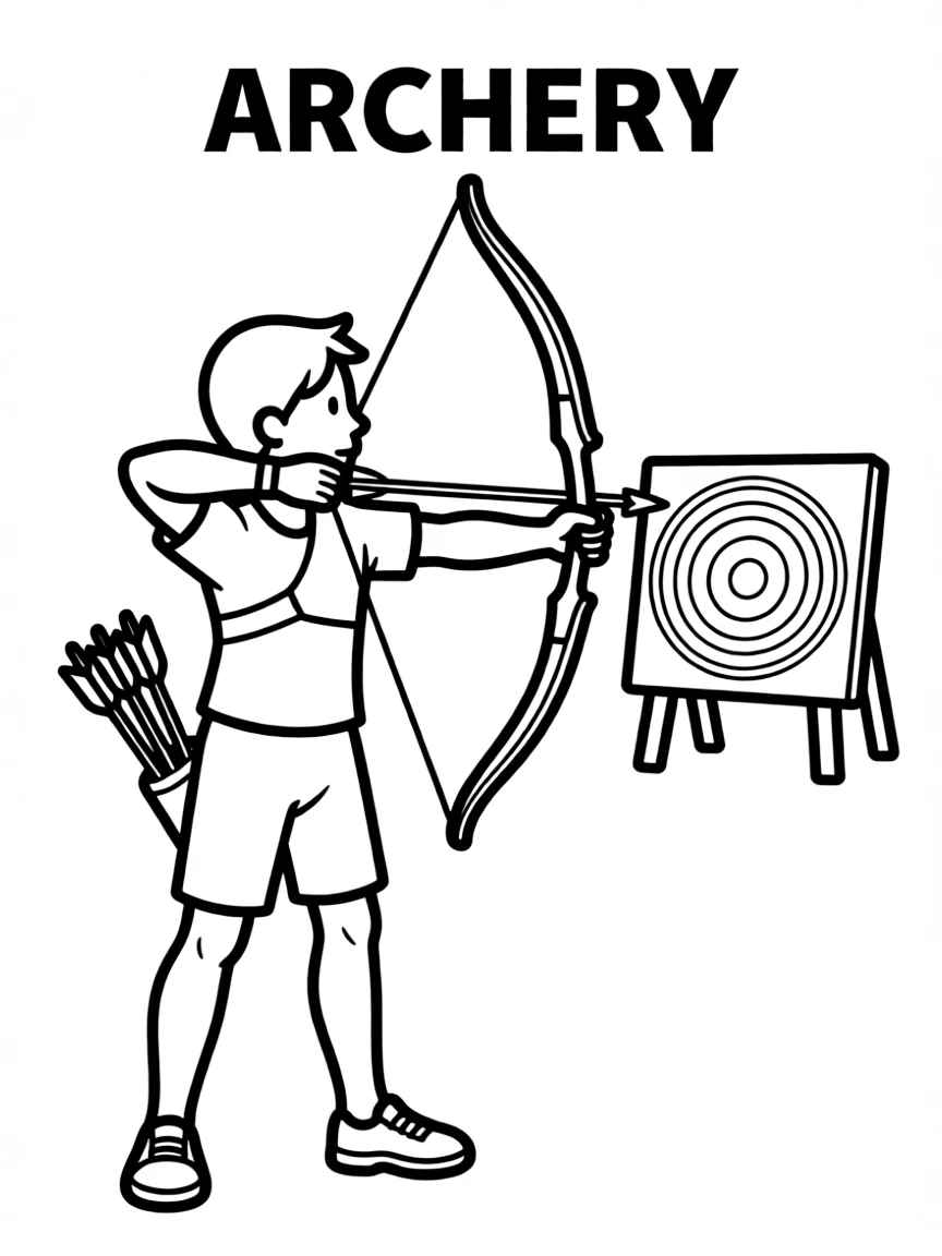 (summer olympics, sports) **Archery**
An athlete standing sideways in a full draw stance, bow raised and arrow aimed at a distant target with concentric rings. A quiver of arrows rests on their back. Bold title text at the top reads "ARCHERY."