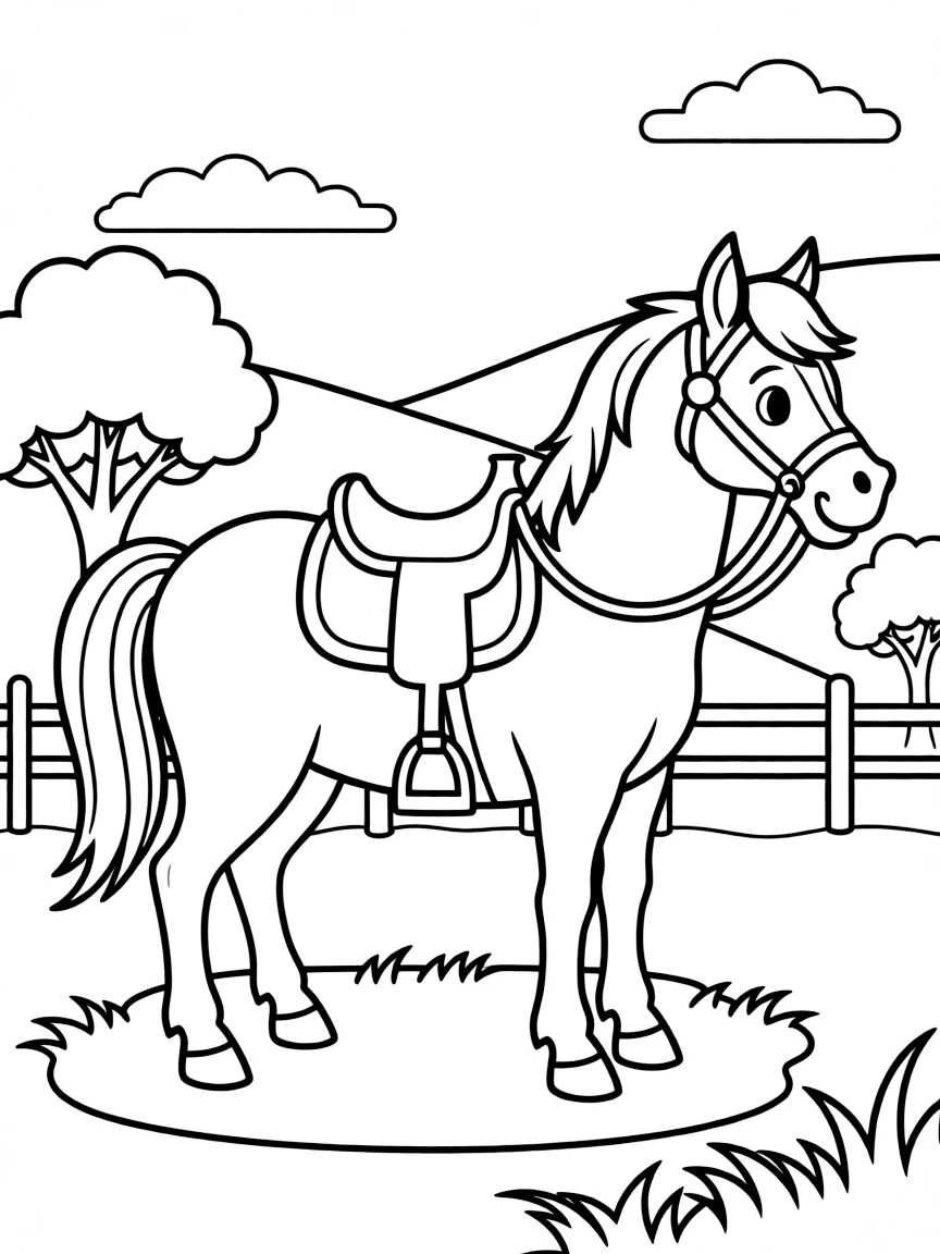 A happy horse with a saddle and bridle, ready to ride in Kentucky.