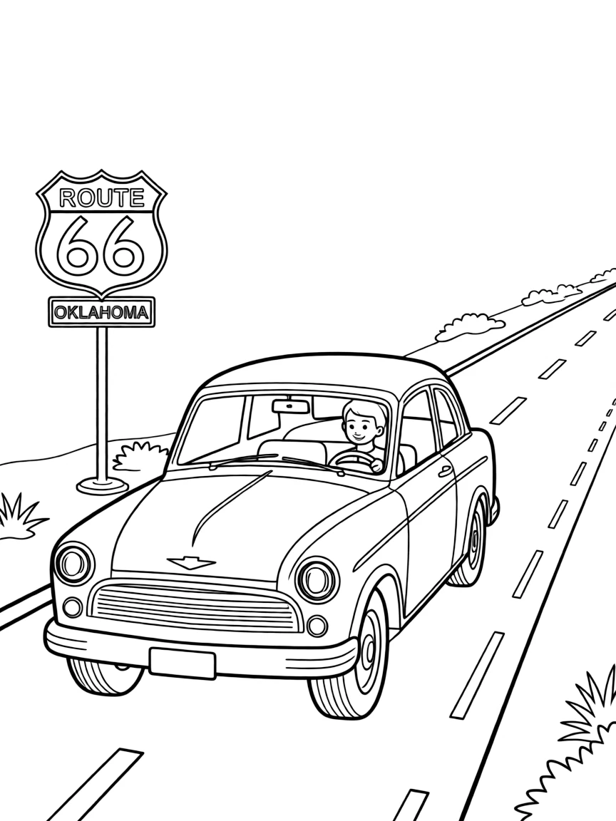 A cool vintage car driving down a long road with a Route 66 sign in Oklahoma.