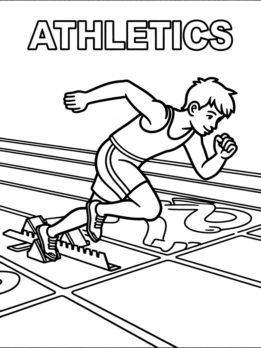 (summer olympics, sports) **Athletics (Track and Field)**
A sprinter bursting out of the starting blocks on a lane track, body leaning forward, arms pumping. Title text at the top reads "ATHLETICS."
