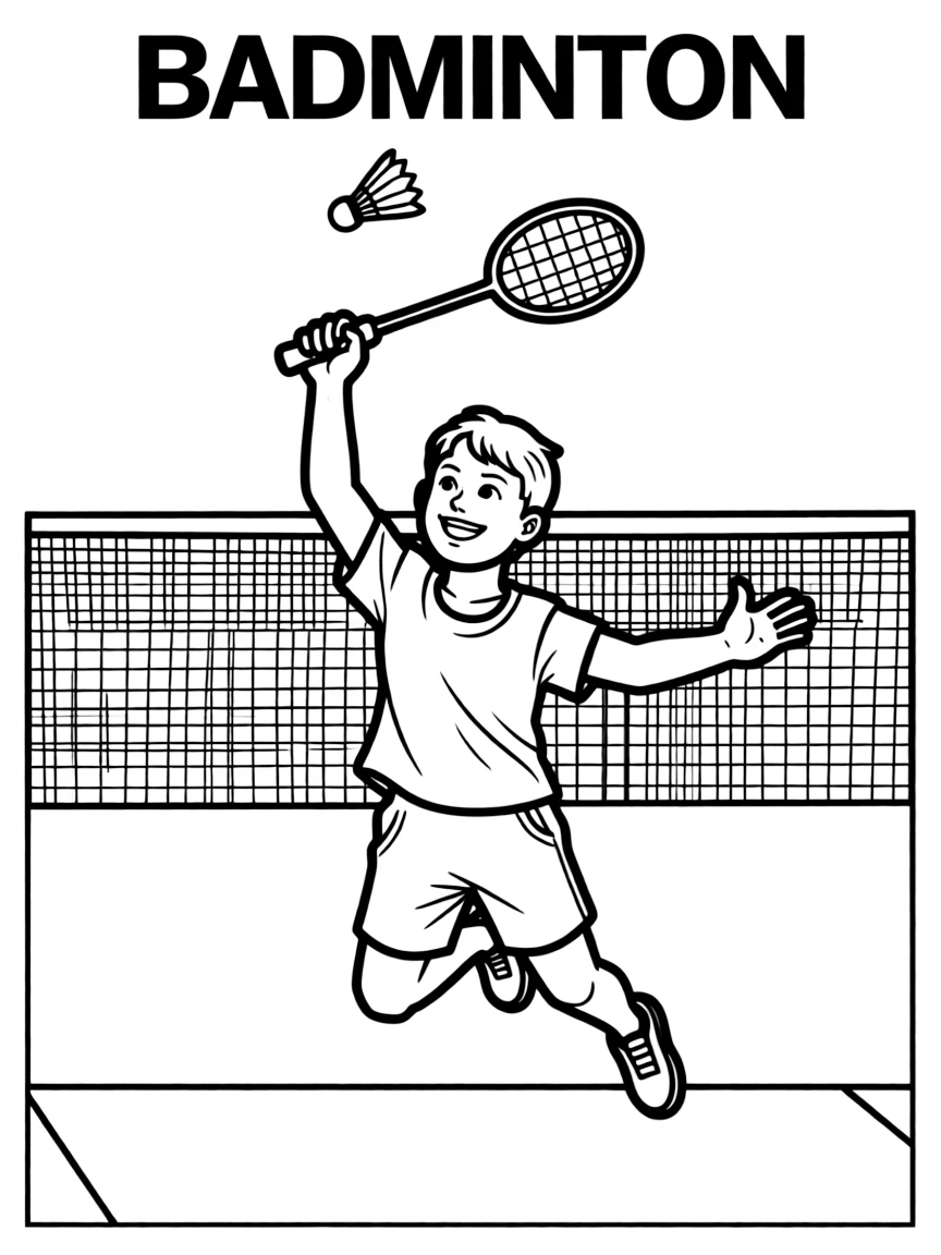 (summer olympics, sports) **Badminton**
A player leaping to smash a shuttlecock over a net, racket raised high overhead. Title text at the top reads "BADMINTON."