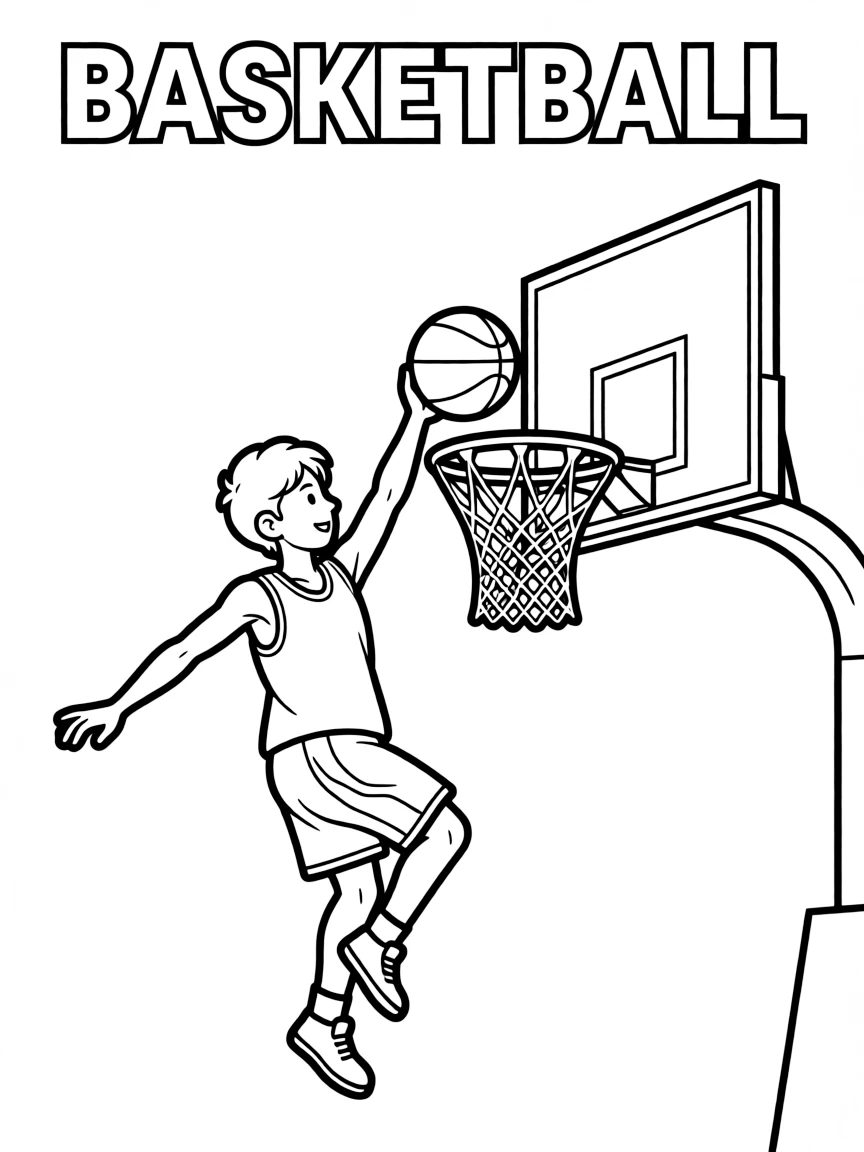 (summer olympics, sports) **Basketball**
A player mid-air dunking a basketball through a hoop, other arm balancing outward. Title text at the top reads "BASKETBALL."