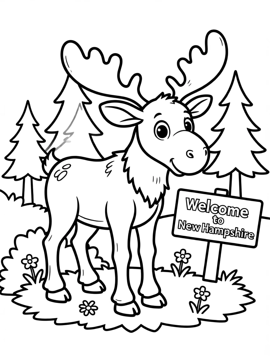 A friendly moose with small antlers and a curious expression in New Hampshire.
