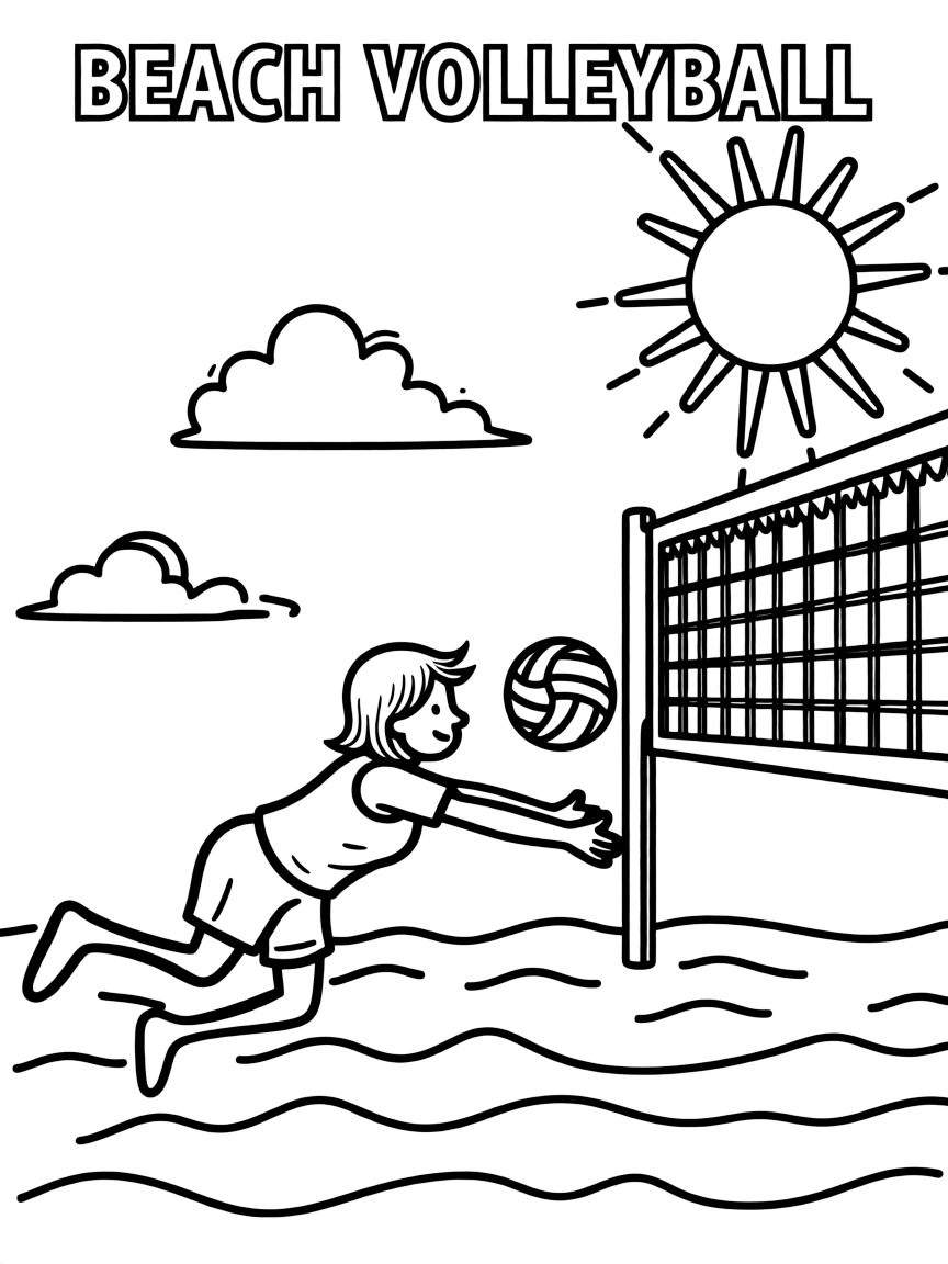 (summer olympics, sports) **Beach Volleyball**
A player diving across sand to save a volleyball near a beach net, sun and a few clouds in the background. Title text at the top reads "BEACH VOLLEYBALL."
