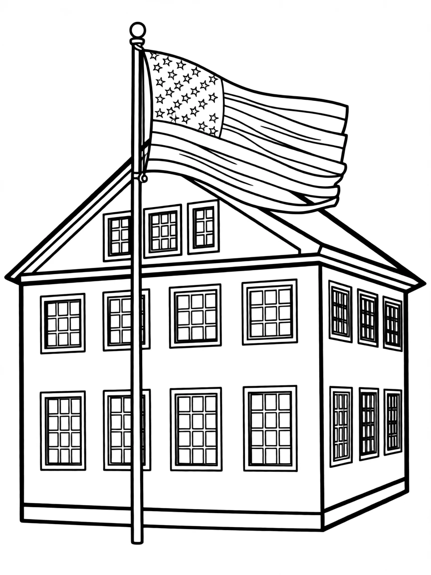 A little historical building with many windows and an American flag in Massachusetts.