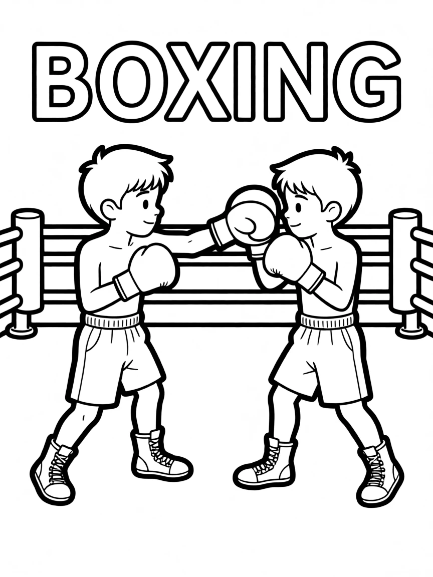 (summer olympics, sports) **Boxing**
Two boxers facing off in a ring, gloves raised, one throwing a punch. Ropes frame the scene. Title text at the top reads "BOXING."