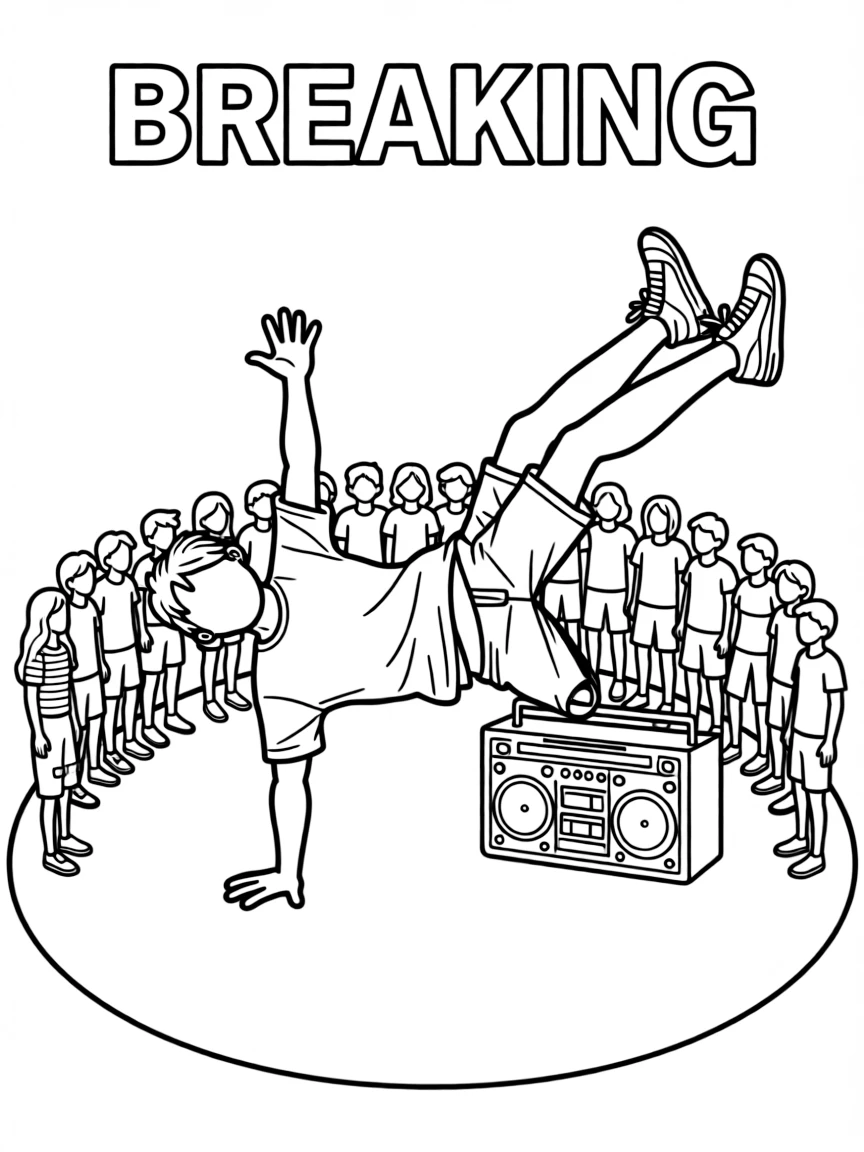 (summer olympics, sports) **Breaking (Breakdance)**
A breakdancer frozen mid-spin on one hand, legs extended outward, with a boombox and a circle of onlookers sketched lightly in the background. Title text at the top reads "BREAKING."
