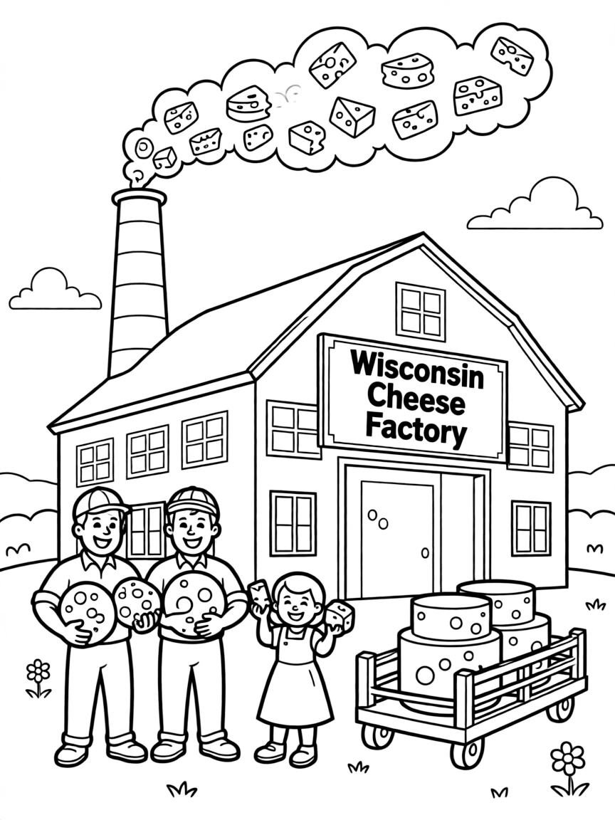 A happy cheese factory with a smokestack and happy workers in Wisconsin.
