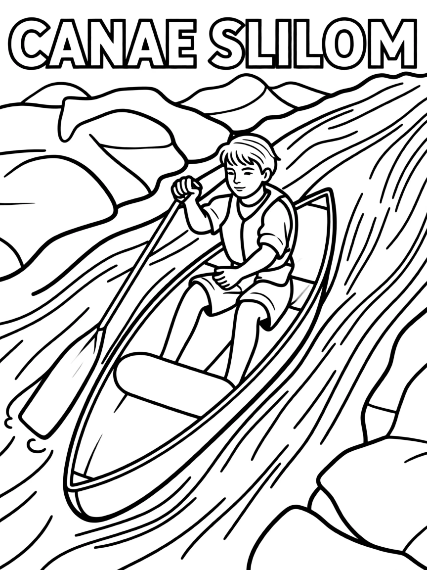 (summer olympics, sports) **Canoe/Kayak**
A paddler in a narrow canoe powering through rushing whitewater rapids with rocks on either side, paddle mid-stroke. Title text at the top reads "CANOE SLALOM."