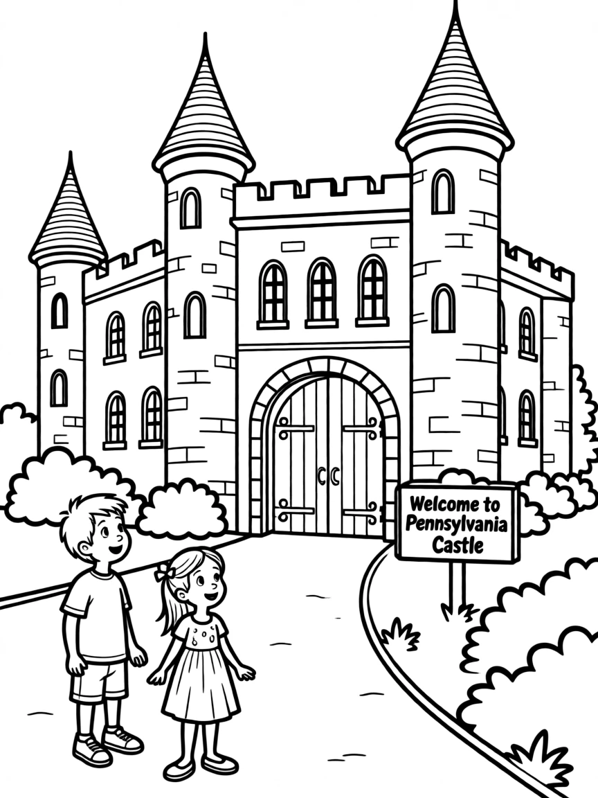 A little boy and girl visiting a castle-like building in Pennsylvania.
