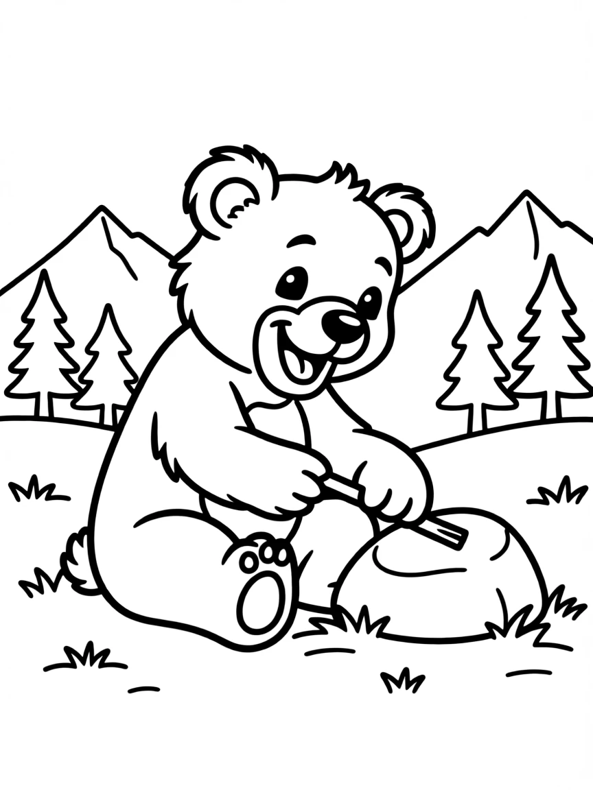 A happy grizzly bear cub playing with a stick and a rock in Montana.