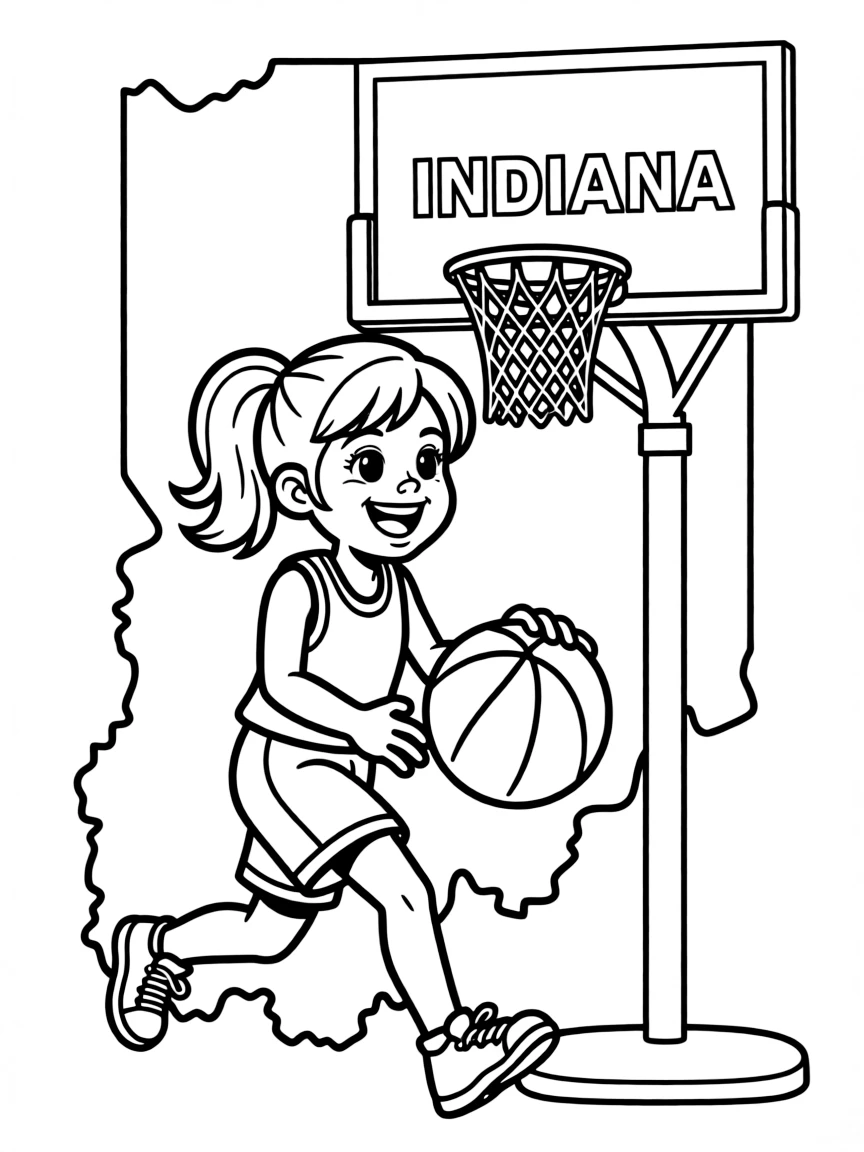 A cheerful little girl playing basketball with a big smile in Indiana.