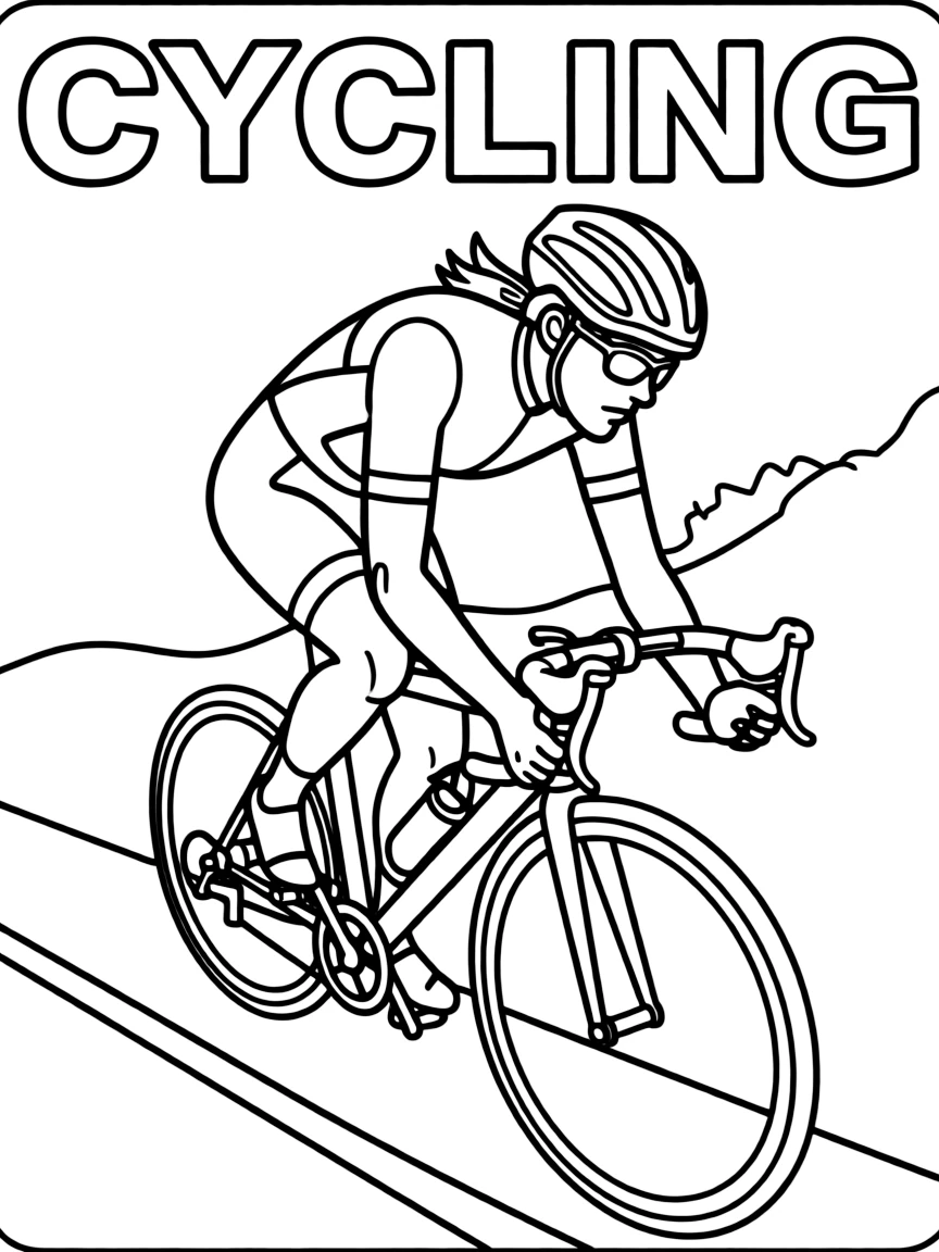 (summer olympics, sports) **Cycling (Road)**
A cyclist in an aerodynamic crouch riding a road bike uphill, helmet and sunglasses visible. Title text at the top reads "CYCLING."
