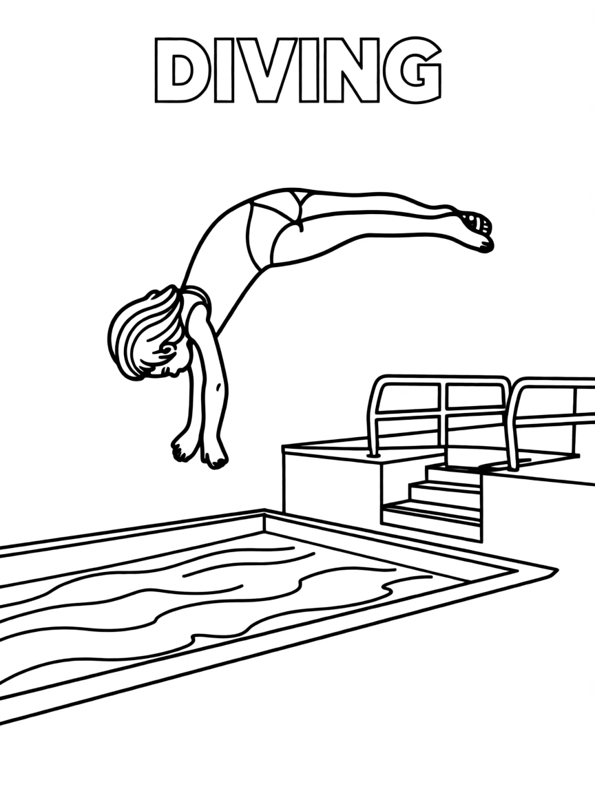 (summer olympics, sports) **Diving**
A diver frozen mid-air in a tucked somersault above a diving platform, pool visible below. Title text at the top reads "DIVING."