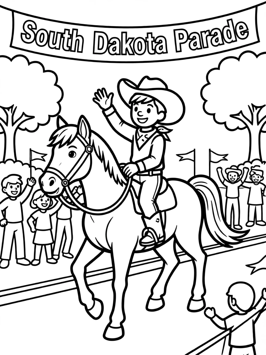 A tiny cowboy riding a horse in a parade, waving to the crowd in South Dakota.