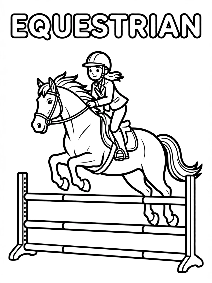 (summer olympics, sports) **Equestrian**
A horse and rider mid-jump clearing a striped show-jumping rail, mane and tail flowing. Title text at the top reads "EQUESTRIAN."