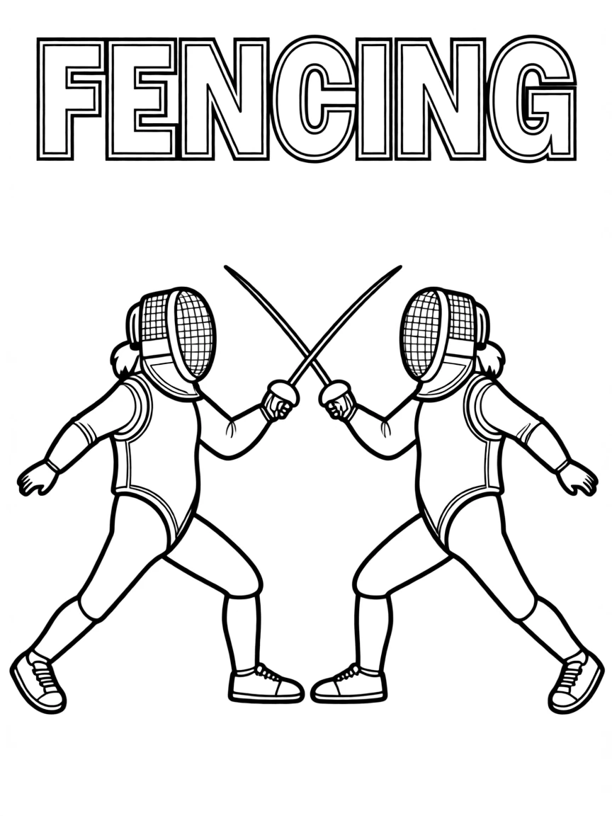 (summer olympics, sports) **Fencing**
Two fencers in lunge position facing each other with foils extended, wearing masks and padded jackets. Title text at the top reads "FENCING."