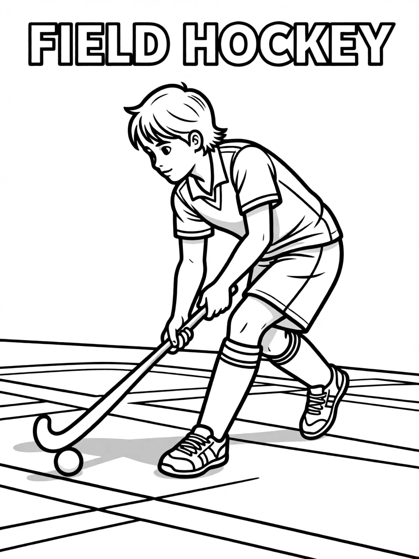 (summer olympics, sports) **Field Hockey**
A player mid-swing striking a small ball with a curved hockey stick on a striped field. Title text at the top reads "FIELD HOCKEY."
