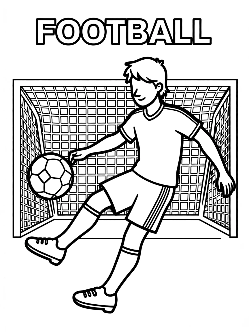 (summer olympics, sports) **Football (Soccer)**
A player mid-kick striking a soccer ball toward a goal net, one leg following through, arms out for balance. Title text at the top reads "FOOTBALL."