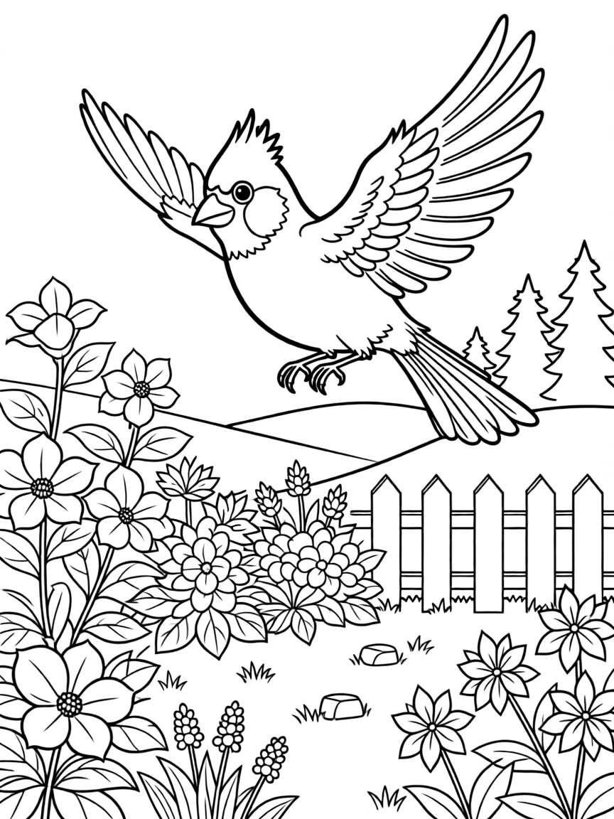 A cute cardinal flying over a beautiful garden in Virginia.