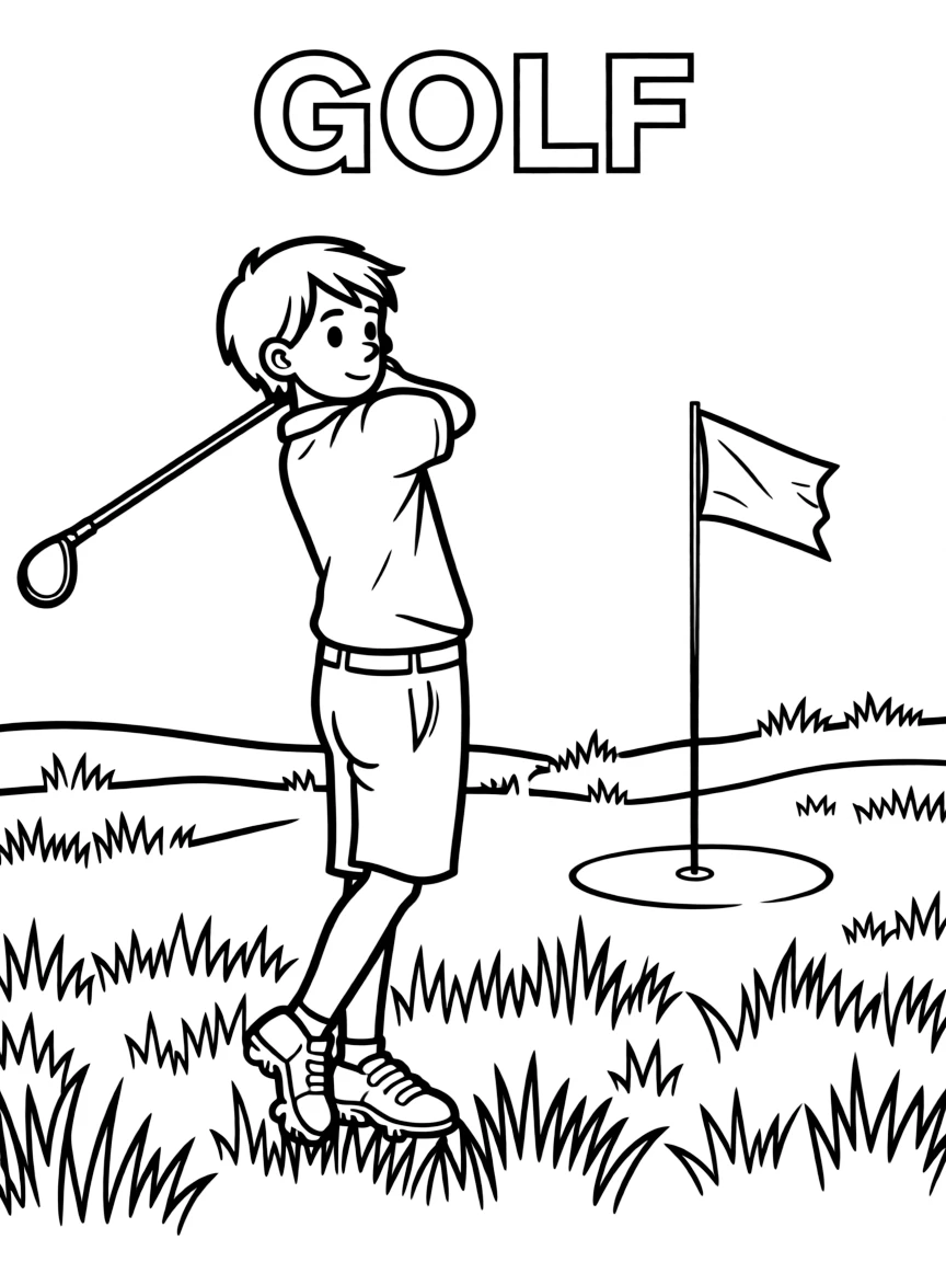 (summer olympics, sports) **Golf**
A golfer at the top of a swing follow-through on a grassy course, a flag and hole visible in the distance. Title text at the top reads "GOLF."