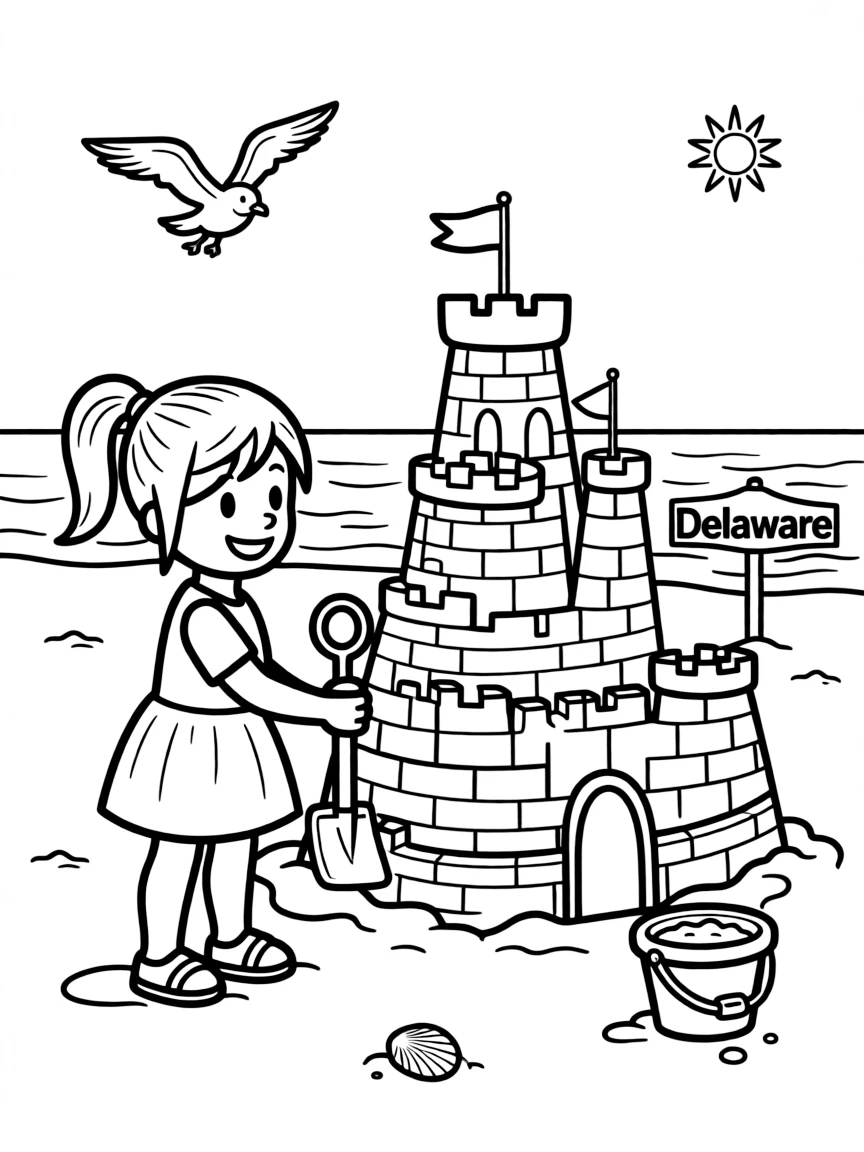 A little girl building a sandcastle with a red flag and a shovel in Delaware.