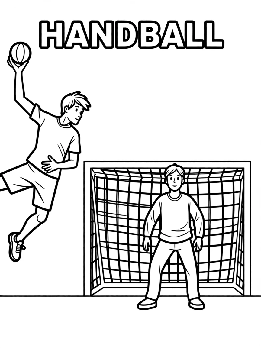 (summer olympics, sports) **Handball**
A player leaping through the air winding up to throw a handball past a goalkeeper guarding a net. Title text at the top reads "HANDBALL."